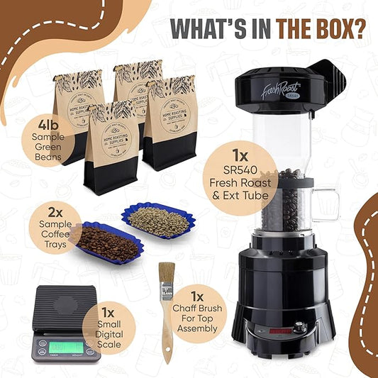 Fresh Roast Coffee Roaster Bundle SR540, Glass Extension Tube, Pour Over Digital Scale, (4lbs) Sample Pack of Green Beans, (2-Pack) Sample Trays, Chaff Brush