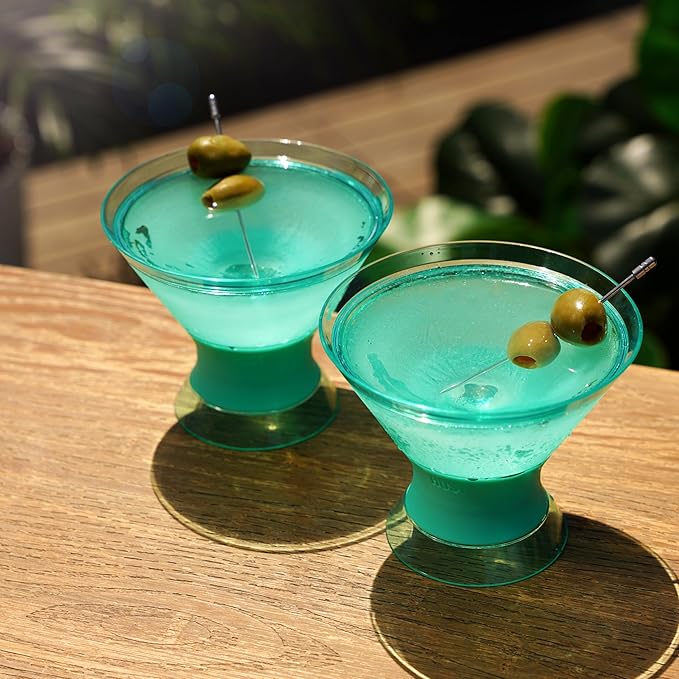 HOST Freeze Insulated Martini Cooling Cups, Plastic Freezer Gel Chiller Double Wall Stemless Cocktail Glass Set of 2 9oz, Tinted Aqua Blue, Green
