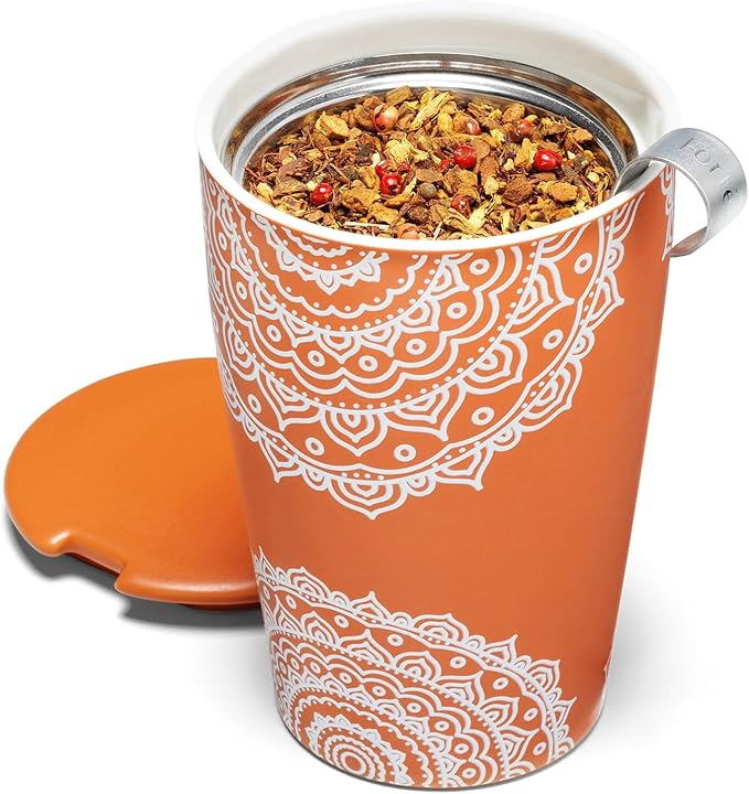 Tea Forte Double-Walled Ceramic Kati Cup, Removable Stainless Steel Infuser Basket and Lid, Steeps 12 oz Loose Leaf Tea, Dishwasher & Microwave Safe, Chakra