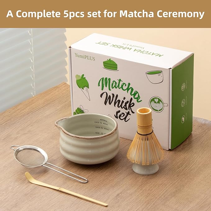 5pcs Premium Matcha Set,Ceramic Bowl with Spout and Bamboo Whisk set, Ceremonical Matcha Kit for breakfast/latte,Tea Starter Making Kit, Unique Christmas/Valentine Gift (Grey)
