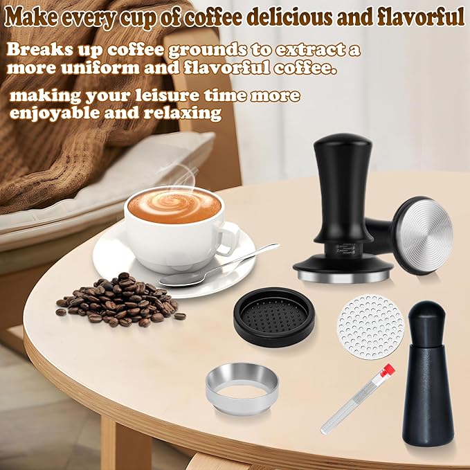 53mm Espresso Accessories Kit, Spring Loaded Calibrated Tamper, WDT Tool, Puck Screen and Dosing Funnel Set Fits Delonghi 53 mm Espresso Coffee Machines and Portafilter, Professional Barista Tools