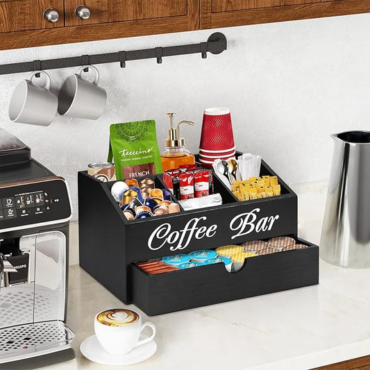 Coffee Bar Organizer Countertop, Wooden Bar Accessories With Drawer, Coffee Station Organizer Pods Holder Storage Basket, Farmhouse Tea Condiment Station