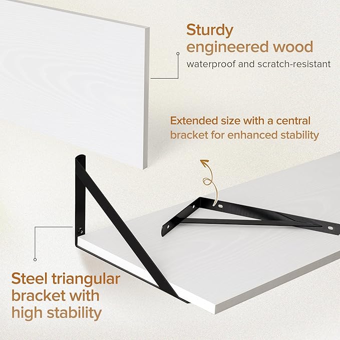 Deep Floating Shelves Wall Mounted, 36"x12" White Wall Shelves with Brackets Set of 2 for Bedroom, Living Room, Bathroom, Kitchen, Office - Storage & Display Shelf for Decor, Books, Plants