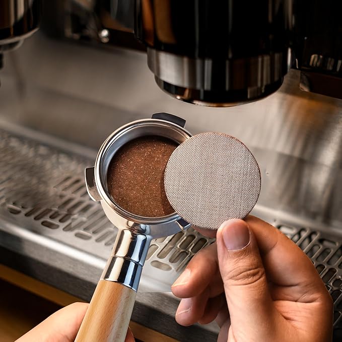 stochastic box 54 mm Bottomless Portafilter with Puck Screen, 3 Ears Espresso Portafilter Compatible with Breville Barista Express Machines,Stainless Steel Por tafilter and Maple Handle