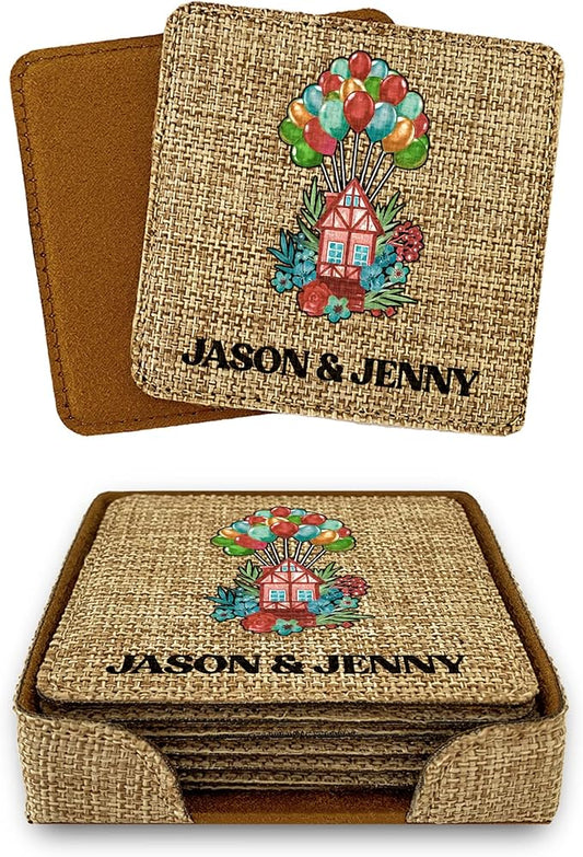 Smile Art Design Couple Names Custom Coaster Set of 6 with Base Square Burlap Material Home Design Personalized Prints Personalized Gifts House Warming Wedding Rustic Decor Style10