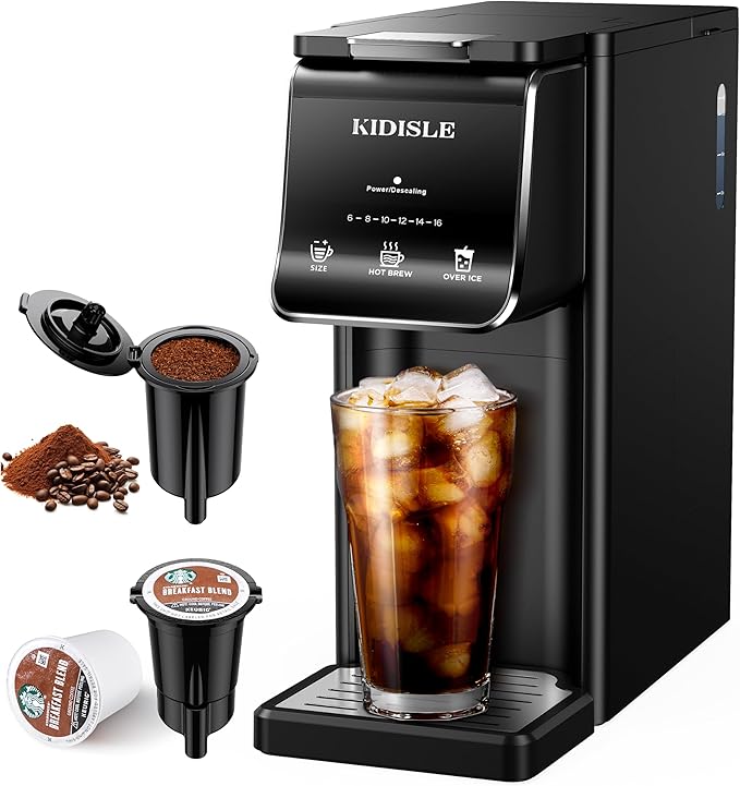 KIDISLE Single Serve Coffee Maker – Hot & Iced, K Cup & Ground Compatible, Reusable Pod Filter, 6–16oz Brew Sizes, 40oz Water Tank, Easy-to-Use, Black
