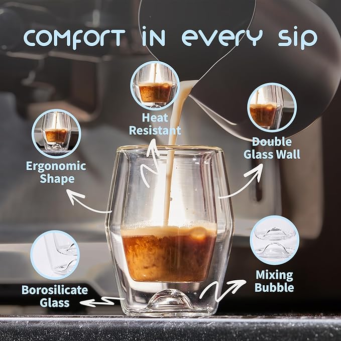 To-Go Espresso Glass Travel Mug with Lid, Reusable Double Wall Glass Tumbler, Fits Most Coffee Makers & Cupholders for Your Car, Gifts for Coffee Lovers, 4.5 oz Cortado Cup, Iced Blue