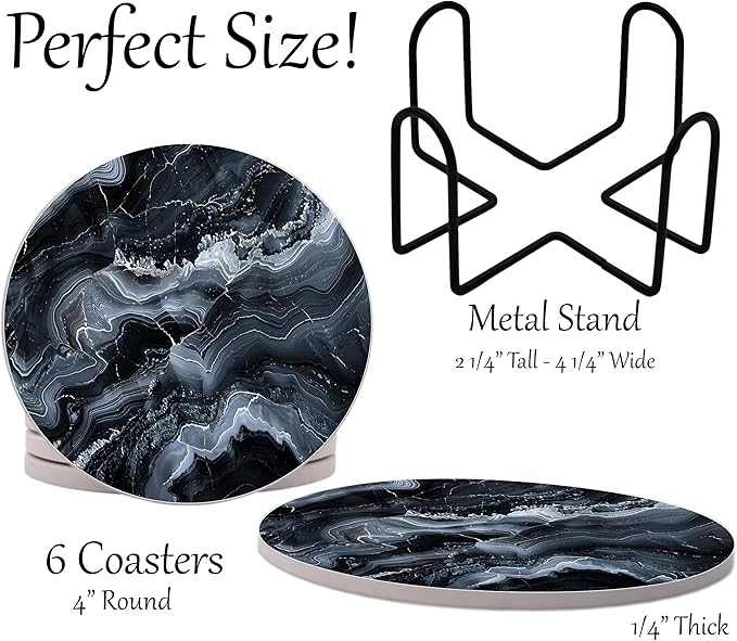 Black Agate Marble Round Coasters Set of 6 - Abosrbent Ceramic Coasters with Metal Stand for Drinks, Coffee, Non-Slip Cork Back for Tabletop Protection, 4 Inches Marbled Pattern (Agate)