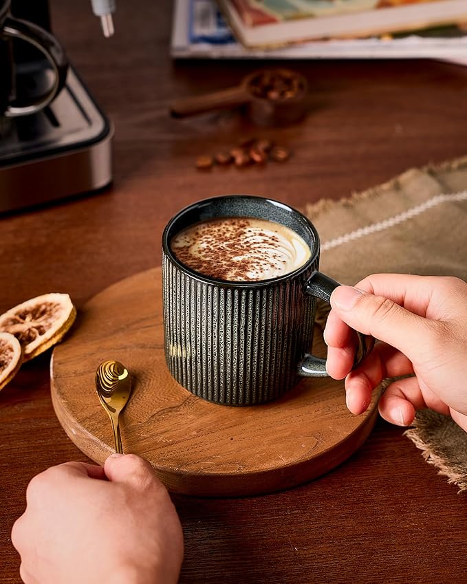 famiware Coffee Mug Set for 8, Star 12 oz Catering Mugs Cup Set with Handle for Coffee, Tea, Cocoa, Milk - Ceramic Stoneware Drinkware Set, Deep Forest