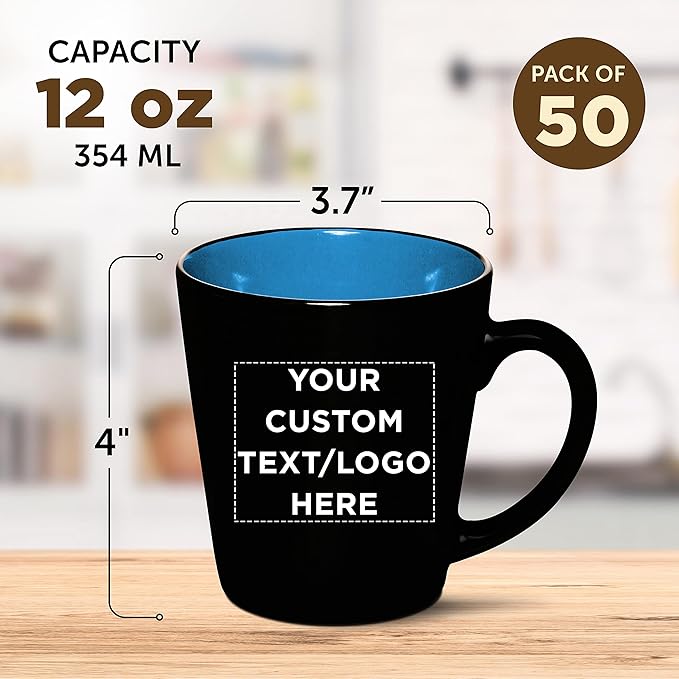 Custom Ceramic Coffee Latte Mugs 12 oz. Set of 50, Personalized Bulk Pack - Perfect for Coffee, Tea, Espresso, Hot Cocoa, Other Beverages - Blue