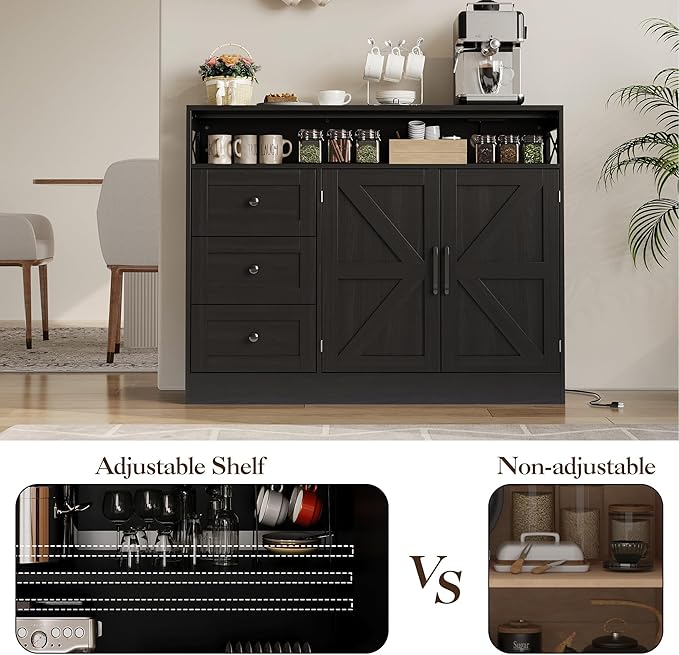 GAOMON 51Inch Sideboard Buffet Cabinet, Wood Rustic Coffee Bar Large Buffet Storage Cabinet with Drawers and Power Outlets Shelves Doors for Dining Kitchen Living Room, Black