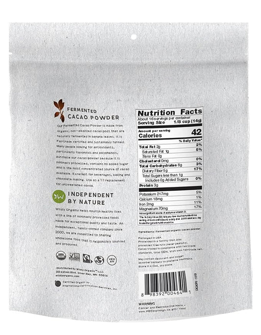 Wildly Organic Fermented Cacao Powder 8 Oz Bag - Organic, Non-Alkalized, Minimally Processed, Raw, Fair Trade, Non-GMO, Kosher, Vegan, Premium Rich Chocolate Flavor - Perfect for Skin, Smoothies, Yogurt, Oatmeal, Chocolate, Fudge, Baking, & Hot Cocoa
