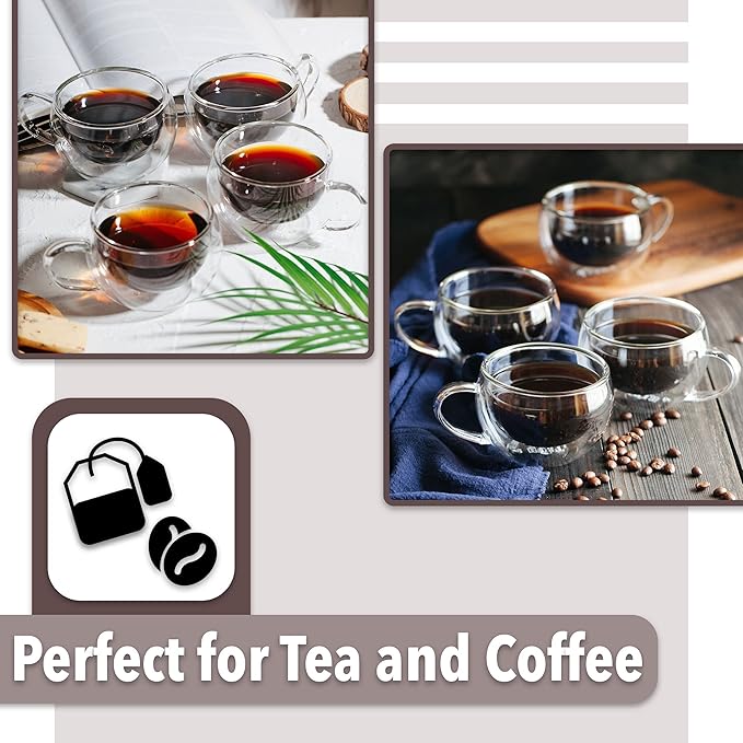 BTaT- Double Walled Espresso Cups, 6 oz, Set of 4, Clear Coffee Mugs, Double Wall Insulated Espresso Cups, Small Coffee Mugs for Tea, Lattes, Macchiatos, Hot & Cold Beverages, Microwave Safe