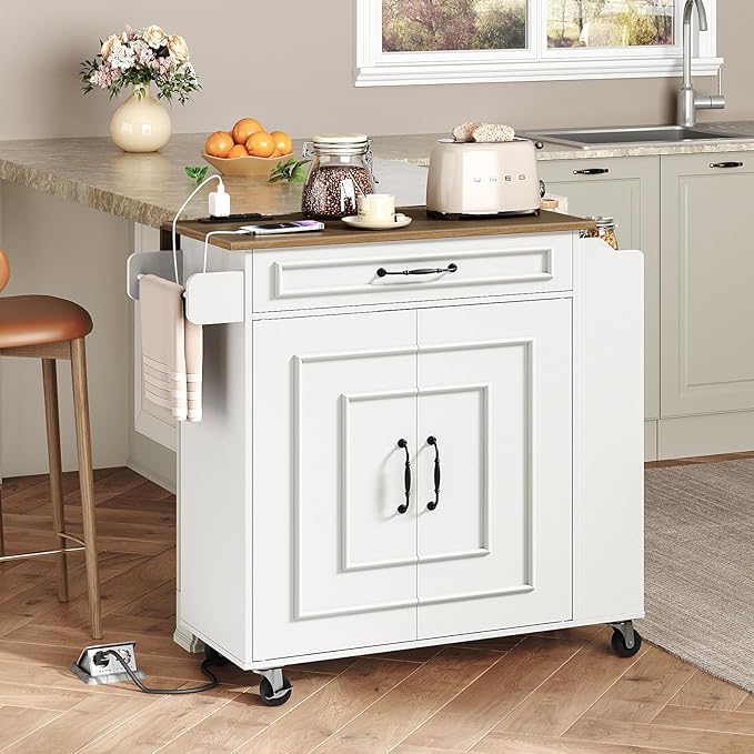 Kitchen Island with Power Outlets & Drop Leaf, Rolling Kitchen Cart on Wheels, Kitchen Storage Island with Spice Rack and Drawer for Kitchen, Dinning Room, White and Walnut