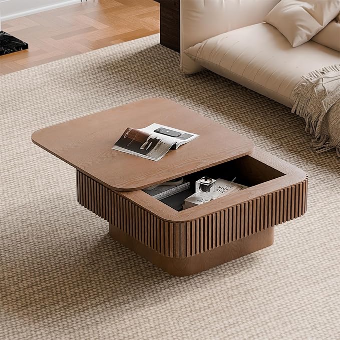 SZTHHDF Square Coffee Table for Living Room,Fluted Drum Accent Tea Center Table with Storage,Solid Wood Modern Coffee Tables for Small Space Office Apartment (31.5" L×31.5''W×14''H-Walnut)