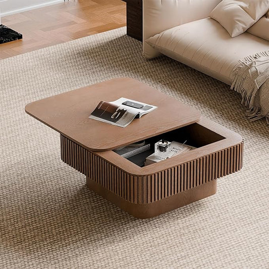 SZTHHDF Square Coffee Table for Living Room,Fluted Drum Accent Tea Center Table with Storage,Solid Wood Modern Coffee Tables for Small Space Office Apartment (31.5" L×31.5''W×14''H-Walnut)