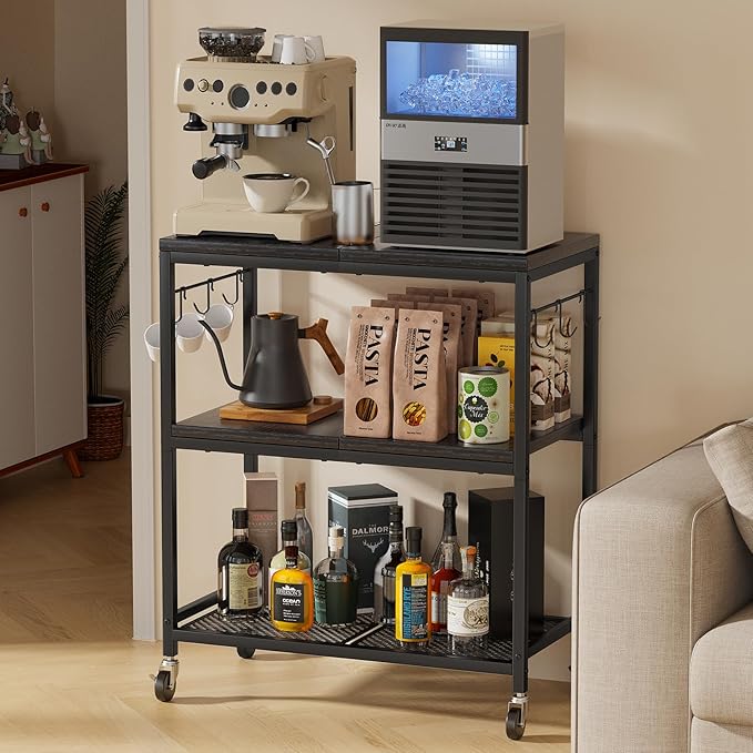 Rolling Kitchen Microwave Cart with 6 Hooks, 3 Tier Utility Cart Storage Table Stand on Lockable Wheels, Small Coffee Shelf Rack Organizer,Black