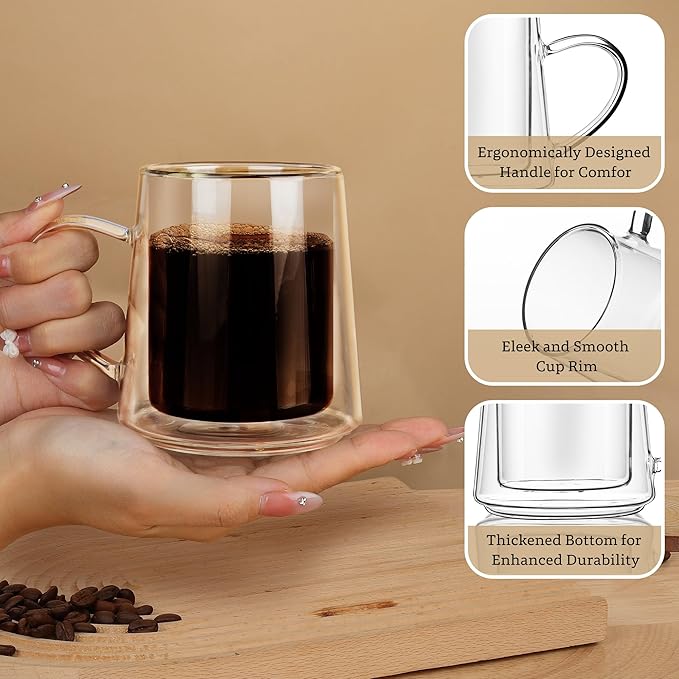 Joeyan 10.8oz Glass Coffee Mugs, Double Walled Insulated Coffee Mug Set of 2, Clear Glass Latte Cappuccino Tea Espresso Cups with Handle for Home Office, Beer, Iced Coffee, Hot Chocolate& Gift