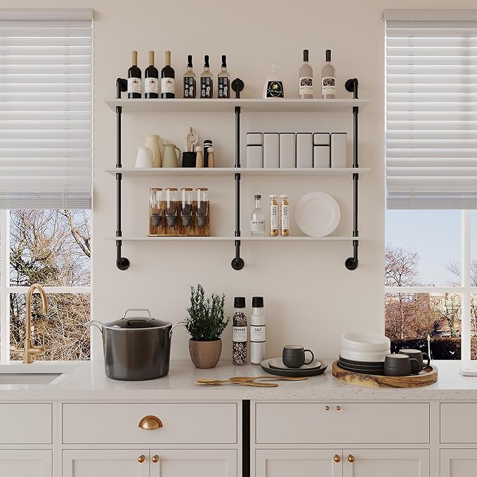 3-Tier Industrial Pipe Floating Shelf – Rustic 60 inch Wood Wall-Mounted Storage Shelf for Kitchen Office,Bathroom & Home Decor -White