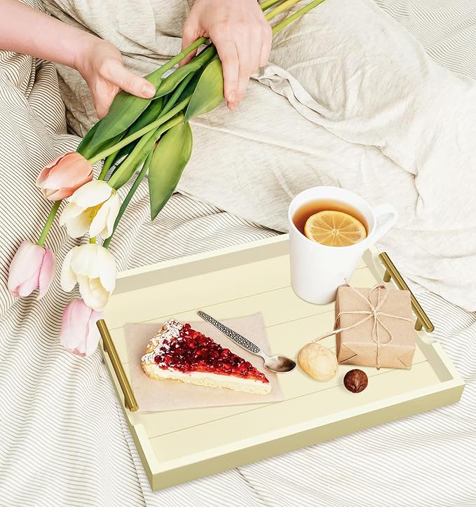 Ottoman Tray for Coffee Table & Couch, Large Wooden Serving Tray with 2 Set of Handles - Modern Farmhouse Rectangle Decorative Tray for Living Room Kitchen Includes 4 Coasters, Off-White/Cream
