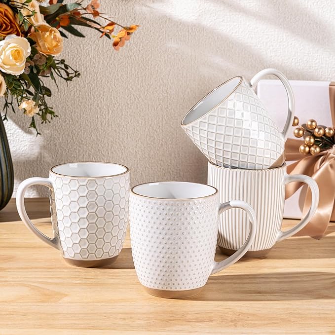 GBhome Large Coffee Mugs Set of 4, 16oz Handmade Embossed Coffee Mugs Set with Large Handle for Cappuccino/Latte/Tea/Hot Cocoa, Dishwasher & Microwave Safe, Off White