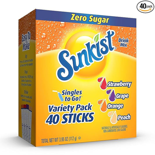 Sunkist Soda Variety Pack, Singles To Go Orange, Strawberry, Grape and Peach (40 Total Sticks)
