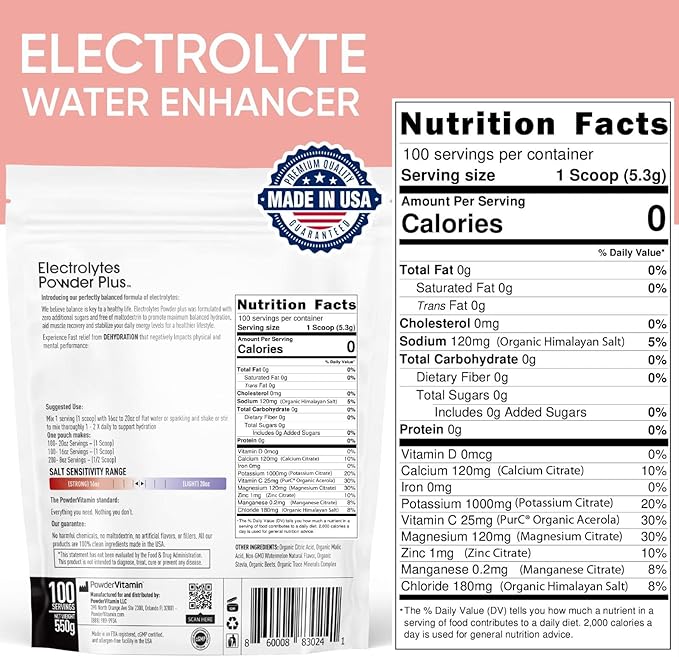 PowderVitamin Electrolytes Powder Plus (100 Servings) Watermelon Electrolyte Powder, Zero Calorie, Keto, 0 Sugar, No Maltodextrin,1000mg Potassium,120mg Calcium,120mg Magnesium, Energy Hydration Powde