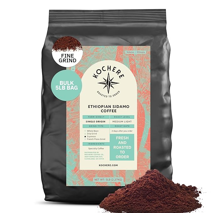 Ethiopian Sidama Coffee Beans - Single Origin Medium Light Roast, Freshly Roasted To Order Fine Espresso Grind Coffee, Specialty Grade, Fair Trade and Non-GMO, Chocolate and Fruity Notes - 5LB