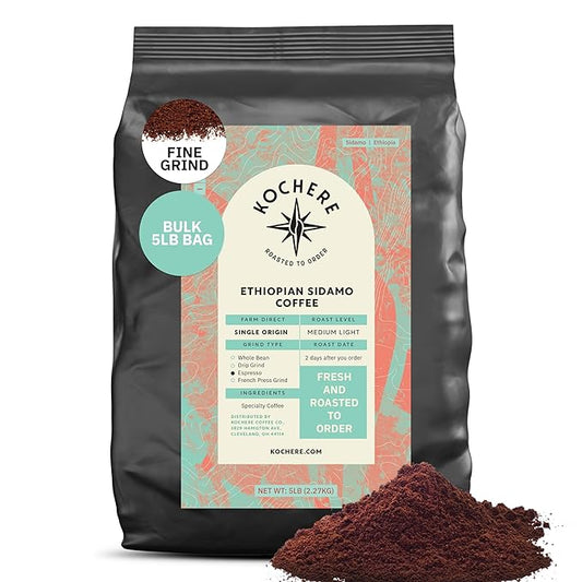 Ethiopian Sidama Coffee Beans - Single Origin Medium Light Roast, Freshly Roasted To Order Fine Espresso Grind Coffee, Specialty Grade, Fair Trade and Non-GMO, Chocolate and Fruity Notes - 5LB