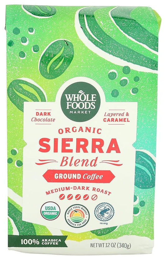 Whole Foods Market, Organic Sierra Blend Ground Coffee, Medium-Dark Roast, Dark Chocolate & Caramel, 12 Ounce