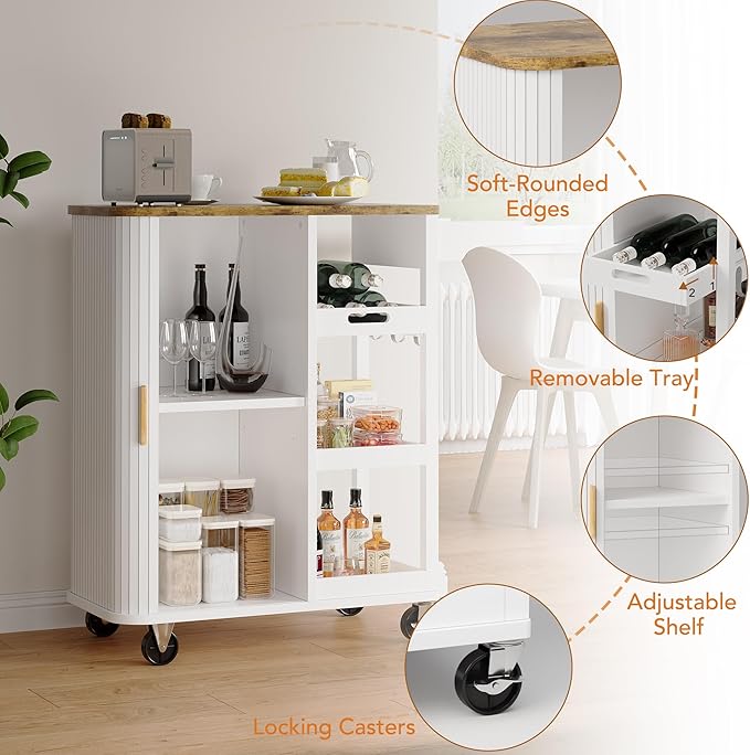 Small Rolling Kitchen Island Cart with Sliding Doors, 35.3“ Mobile Kitchen with Storage, Adjustable Height Shelves, Locking Casters Storage Island Table for Kitchen, Living Room, Dining Room（White）