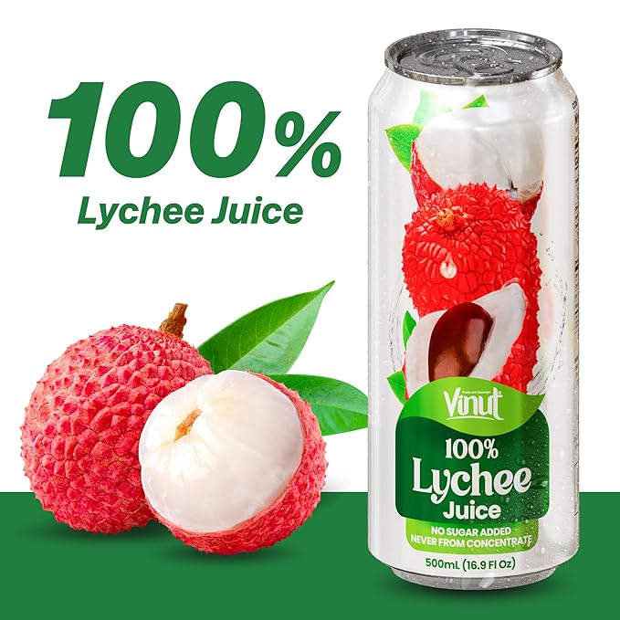 VINUT 100% Lychee Juice, No Added Sugar, Not From Concentrate, 16.9 fl oz (500 mL) Can, Pack of 6