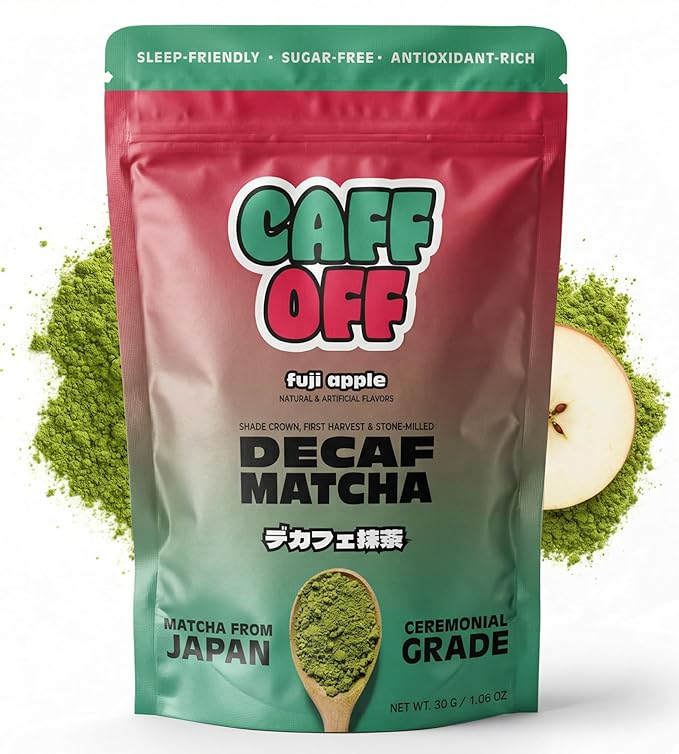 Caff Off Decaf Apple Matcha Green Tea Powder From Japan – 1.06 oz / 30 g – Ceremonial Grade & Sugar-Free – No Fillers or Milk Powders – Naturally Decaffeinated Without Chemicals – Tested for Heavy Metals – First Harvest, Shade-Grown & Caffeine-Free Mat...