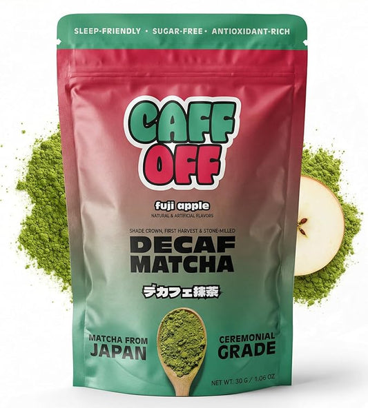 Caff Off Decaf Apple Matcha Green Tea Powder From Japan – 1.06 oz / 30 g – Ceremonial Grade & Sugar-Free – No Fillers or Milk Powders – Naturally Decaffeinated Without Chemicals – Tested for Heavy Metals – First Harvest, Shade-Grown & Caffeine-Free Mat...