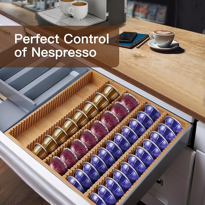 Bamboo Coffee Pod Storage Holder Drawer Insert K Cup Holder Pod Organizer Compatible with Nespresso Vertuo Vertuoline Capsules for Kitchen, Home, Office, Coffee Station Counter