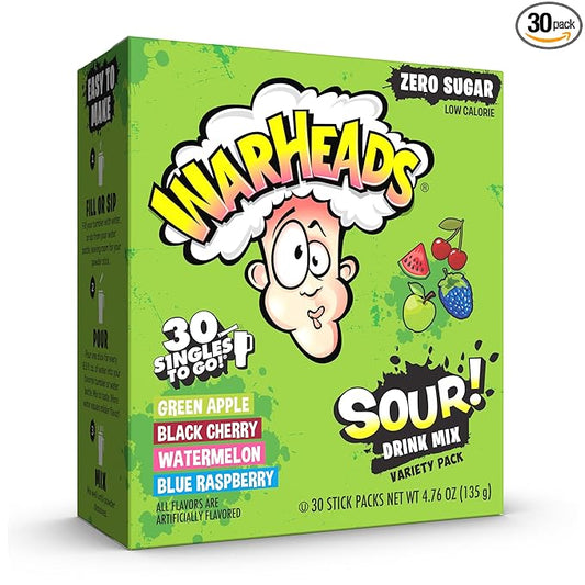 Warheads Singles To Go Sour Drink Mix, 30 Sticks, Variety Pack (Green Apple, Black Cherry, Watermelon, Blue Raspberry), Zero Sugar, Low Calorie