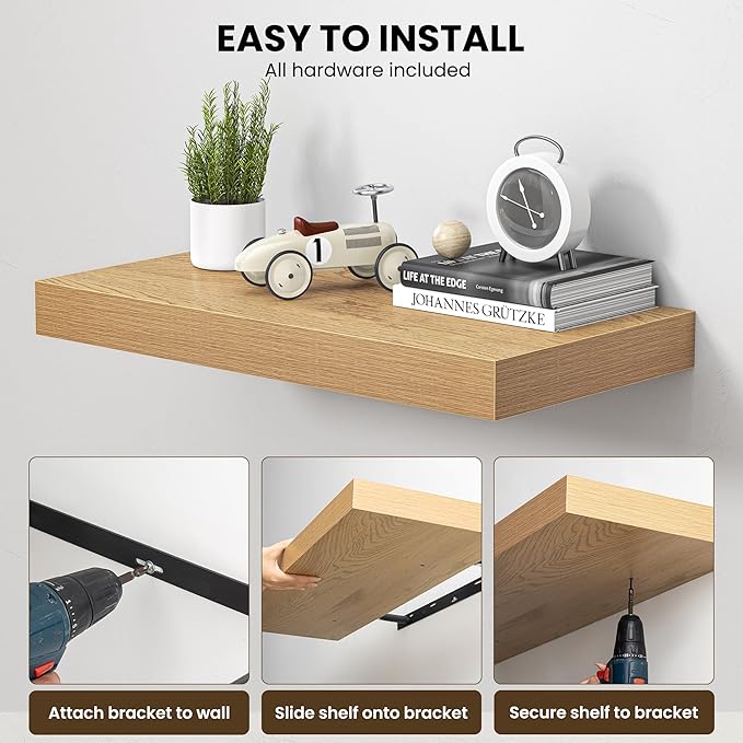 Dreamland 48" Floating Shelves for Wall, 12" Deep Thicker Oak Floating Shelves, Wall-Mounted Shelves for Bedroom, Living Room, Kitchen, Bathroom - Set of 2