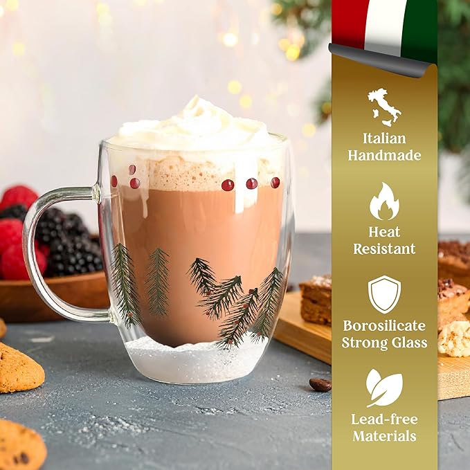 Gusto Buono Christmas Double Wall Glass Mugs Set of 4, 11 oz Borosilicate Coffee Tea Mugs, 12 cm Clear Insulated Glass with Christmas Design Inside, Italian Crafted Winter Charm