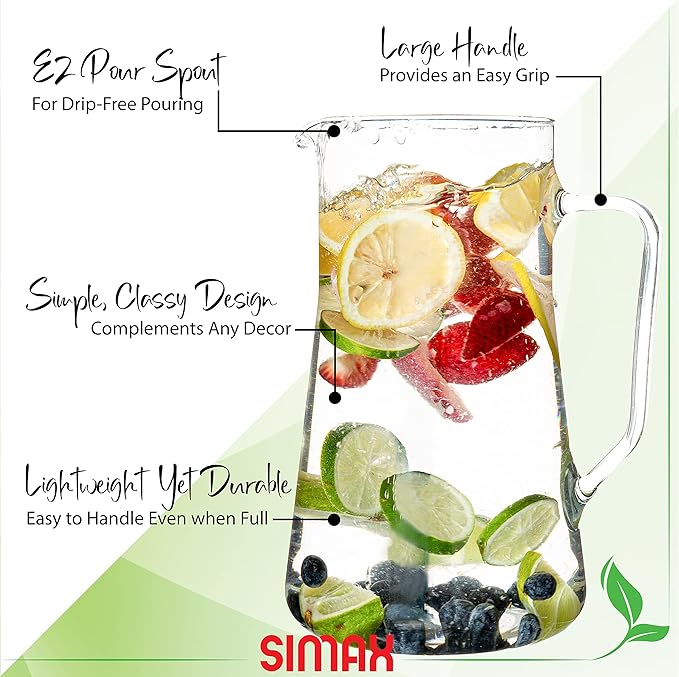 Simax Large Glass Pitcher With Spout, 2.5 Quart (80 Ounce) Borosilicate Glass Iced Tea Pitchers with Handle, Angled Cylinder Design, Glass Water Pitcher
