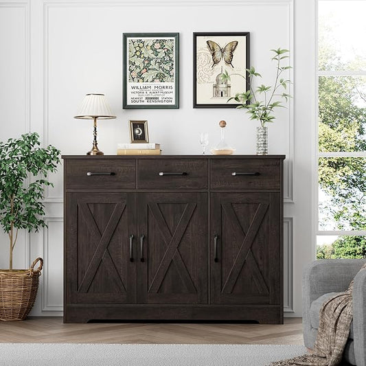 HOSTACK Modern Farmhouse Buffet Sideboard Cabinet, Barn Doors Storage Cabinet with Drawers and Shelves, Wood Coffee Bar with Storage for Dining Room, Kitchen, Living Room, Dark Brown