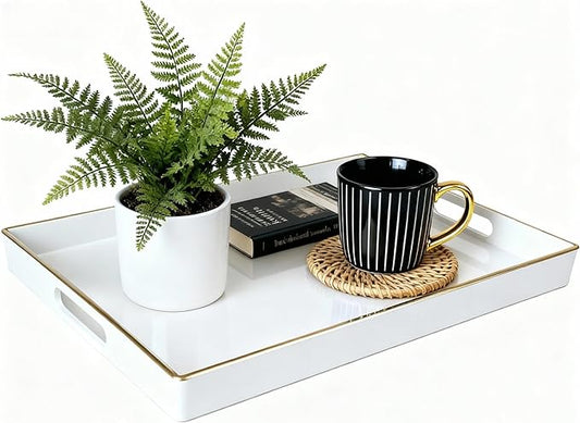 Zosenley Decorative Tray, Rectangular Plastic Tray with Handles, Modern Vanity Tray and Serving Tray for Bathroom, Kitchen, Ottoman and Coffee Table, 15.6” x 10.2” (White)