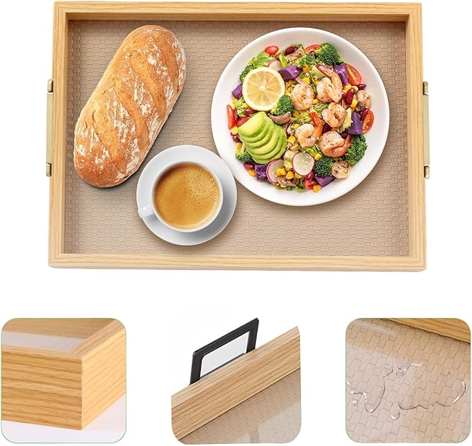 Leather Surface Wood Service Tray with Metal Handle, 16.3x13in Food Drinks Tray for Coffee Table, Breakfast, Dinner & Bar,Kitchen,Party (Leather Surface/Large)