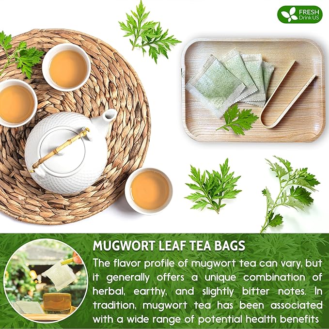 FreshDrinkUS, Premium 90 Mugwort Leaf Tea Bags, 100% Natural and Pure Mugwort Leaves. No Sugar, No Caffeine, No Gluten, Vegan.