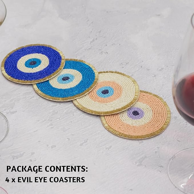 Folkulture Hand-Crafted Evil Eye Beaded Coasters Set of 4 | Handmade Round Drink Coasters for Coffee Table & Bar | Boho Modern Home Décor | Housewarming Gifts, Valentine Gifts