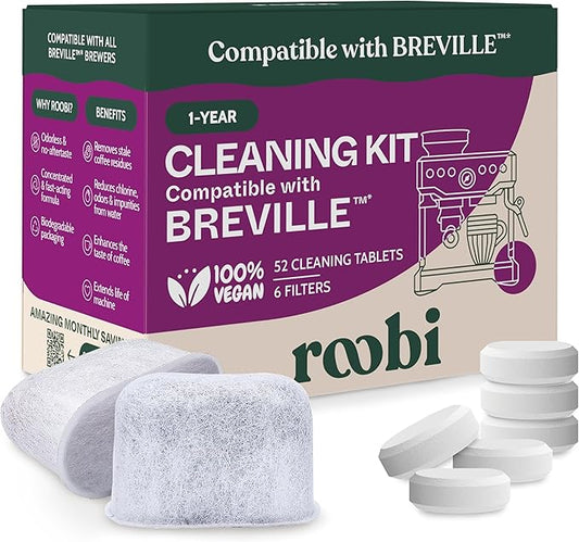 Roobi Breville Compatible Espresso Machine Cleaning & Maintenance Kit. Includes 52 Breville Cleaning Tablets and 6 Water Filters. Carbon Neutral. 1 Year Supply.