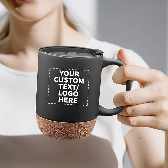 Custom Barista Ceramic Mugs with Cork Bottom 13 oz Set of 12/36/72 Personalized Bulk Pack Perfect for Coffee Tea Espresso Hot Cocoa Other Beverages - Black