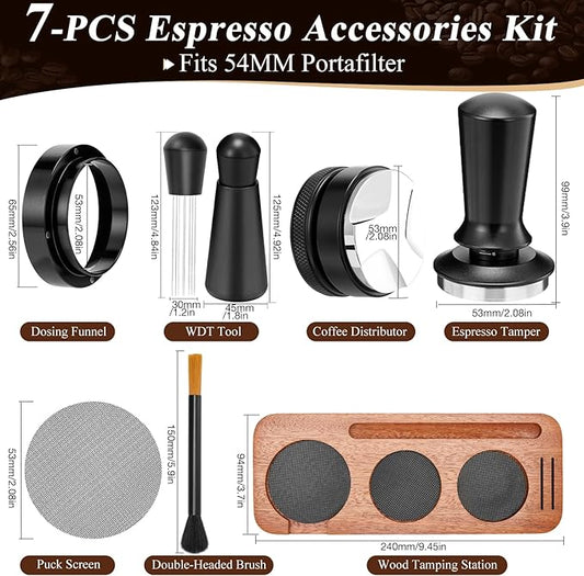54mm Espresso Accessories Kit, 7 PCS Espresso Tamper Tools, WDT Tool Set with Coffee Tamper, Distributor, Dosing Funnel, Stirrer, Puck Screen, Brush & Wood Tamping Station - Fits 54mm Portafilter