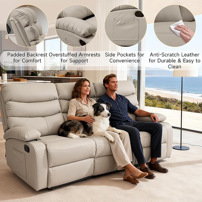 Reclining Couch Sofa Set Leather Recliner Couch Sofa and Loveseat Sets for Living Room, RV, Theater Seating(3 Seat Sofa+Loveseat,Beige)