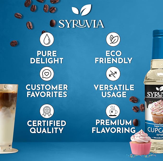 Syruvia Sugar Free Coffee Syrup, Cupcake Flavored Syrup for Drinks, Lattes, and Desserts – 25.4 fl oz, With Pump