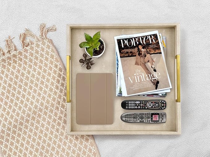 HofferRuffer Faux Leather Serving Tray with Gold Metal Handles, Stylish Decorative Tray Organizer for Coffee Table, Ottoman, Home Decor and Serving (LightGrey Shagreen, 18.9" x 18.9" x 2")